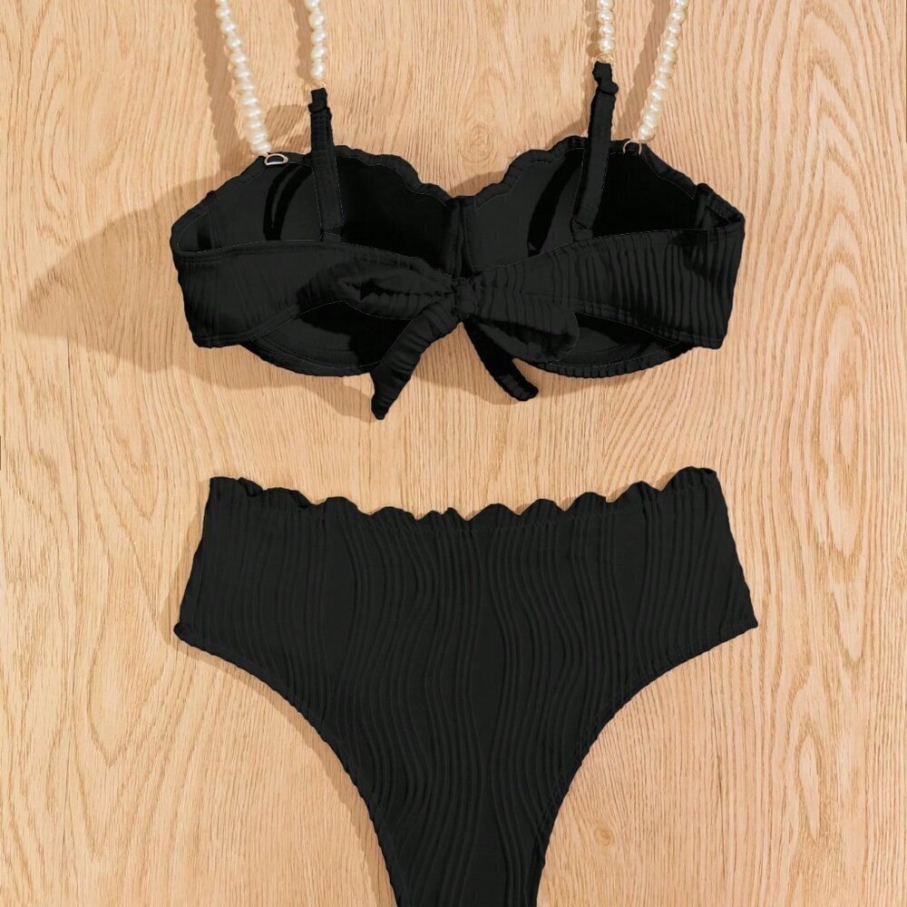 Black Cute Women's Beach Faux Pearl Decorated Shoulder Strap Sexy Bikini Set - Picture 5 of 6